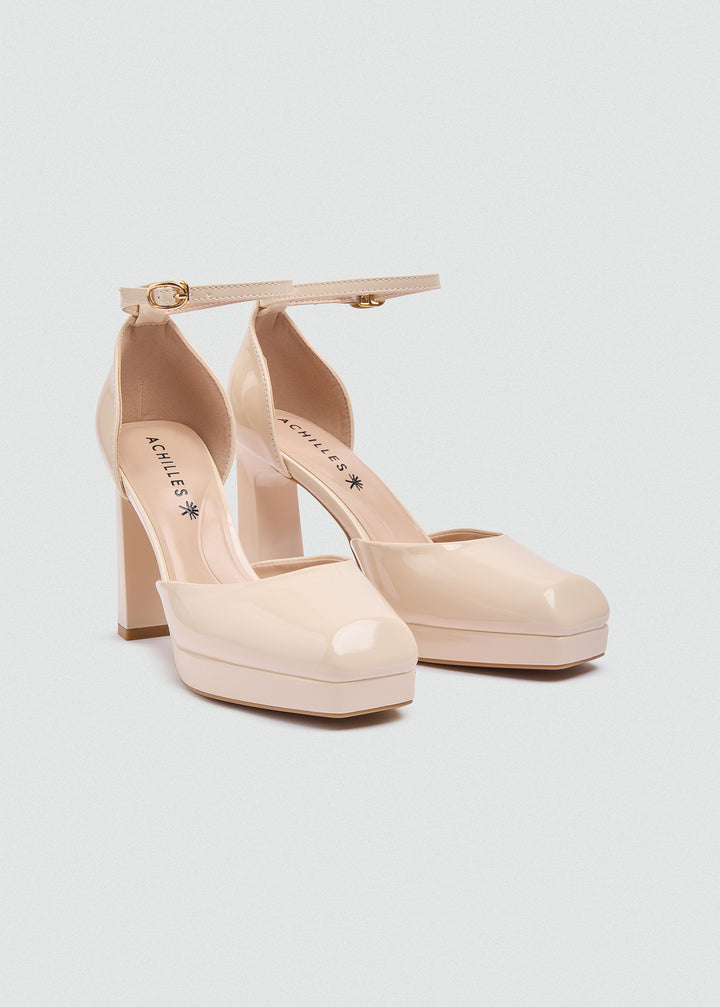Round Toe Platform Ankle Strap Pumps - Beige