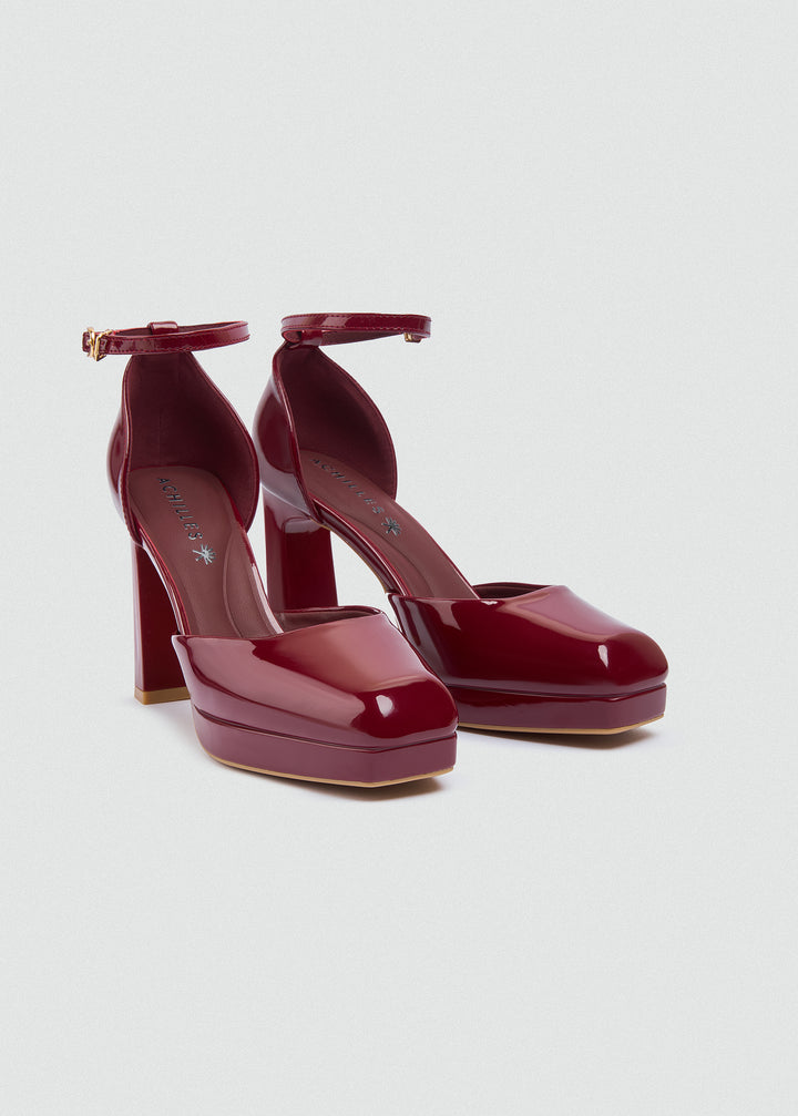 Round Toe Platform Ankle Strap Pumps - Maroon