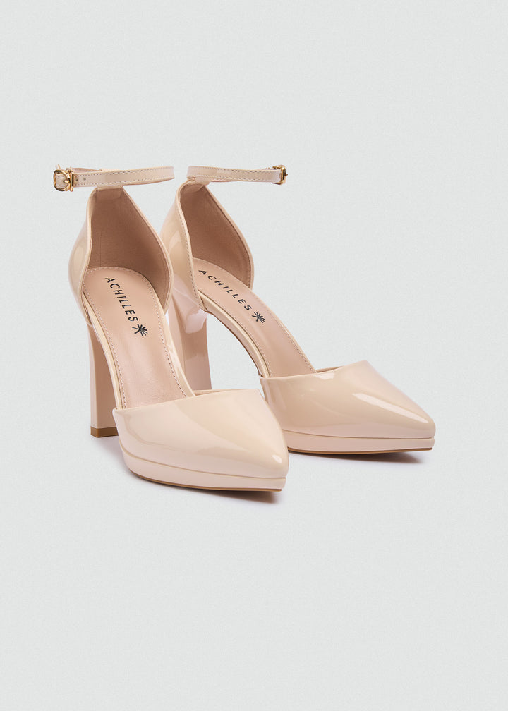 Pointy Platform Ankle Strap Pumps - Beige