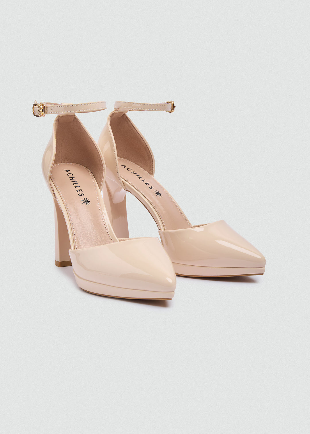 Pointy Platform Ankle Strap Pumps - Beige