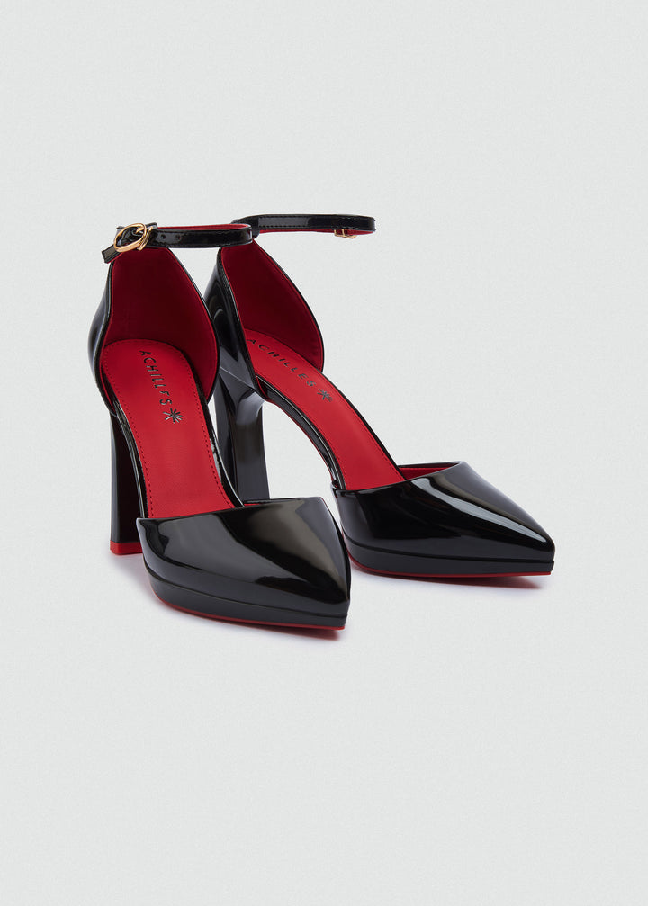Pointy Platform Ankle Strap Pumps - Black