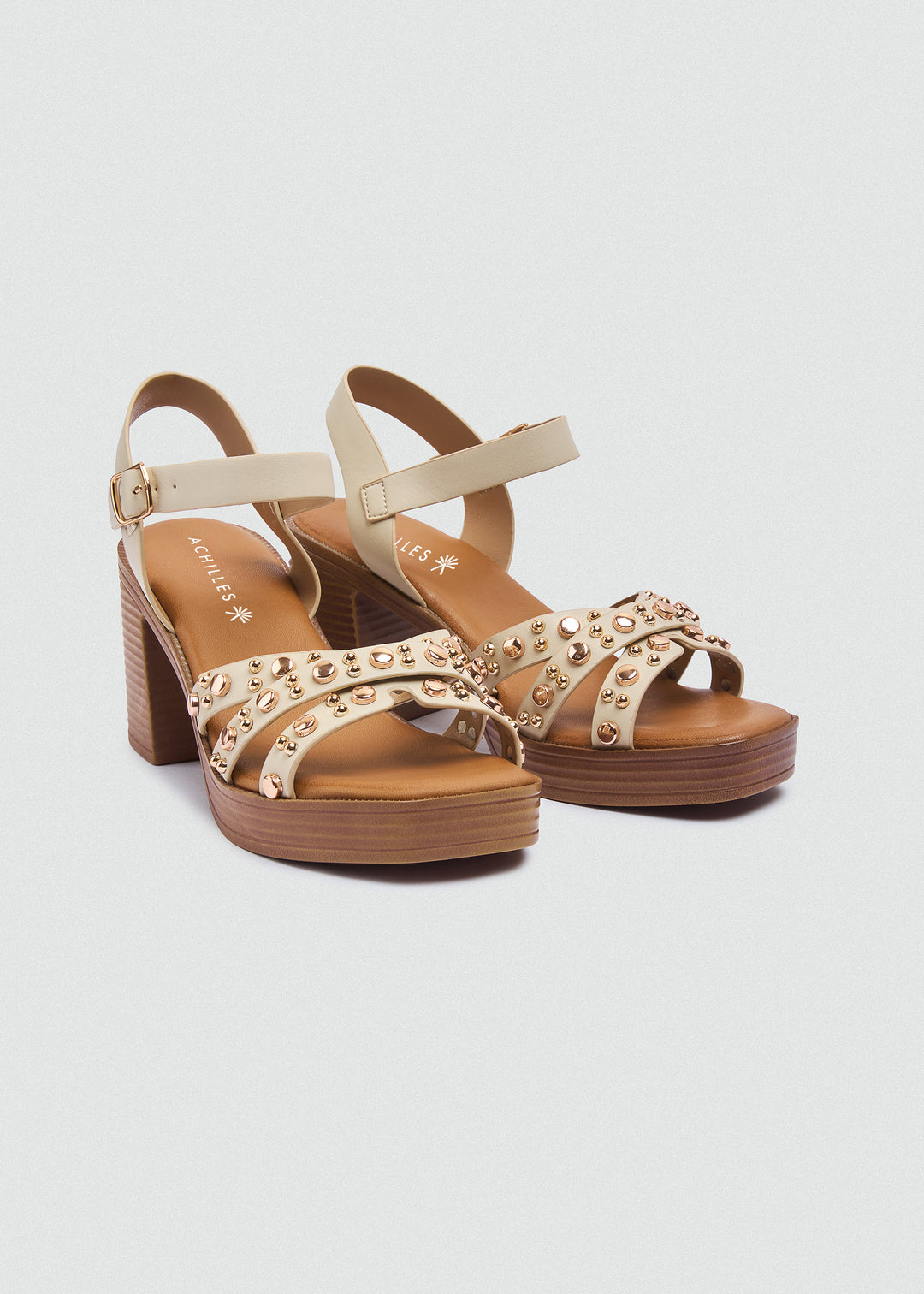 Platform Block Heel Studded Sandals - Beige