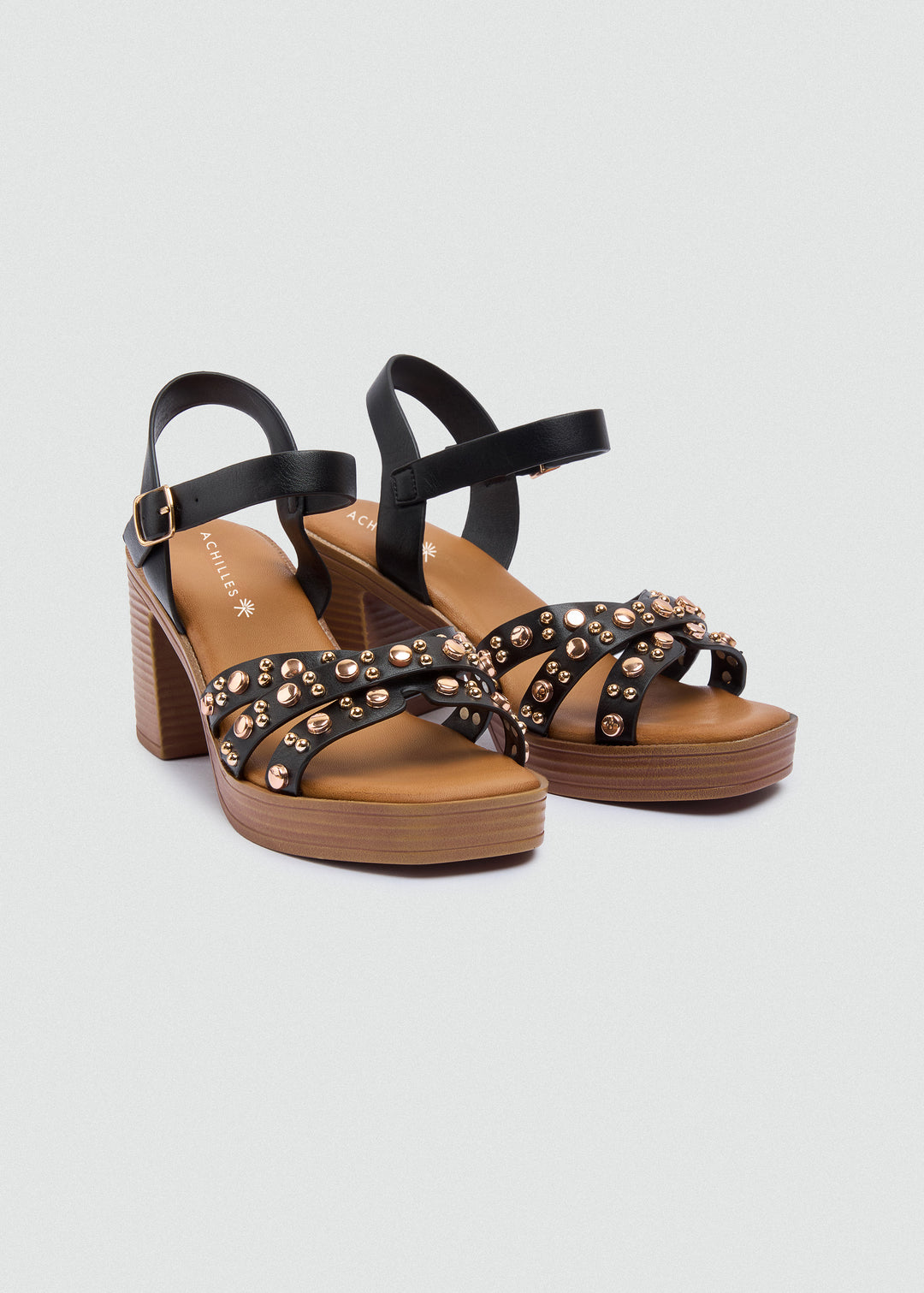 Platform Block Heel Studded Sandals - Black