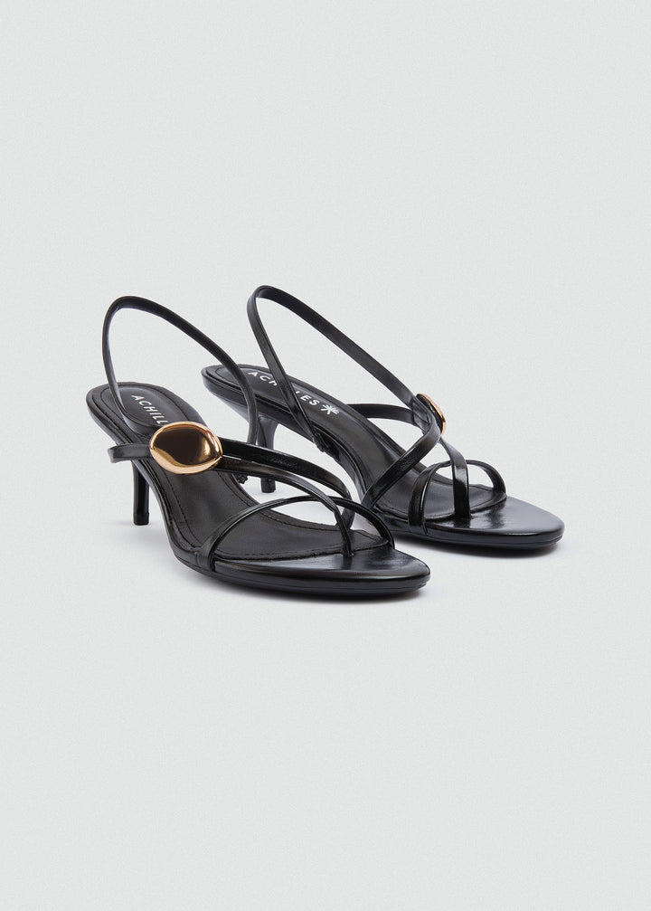 Asymmetric Strappy Stiletto Gold Disc - Black