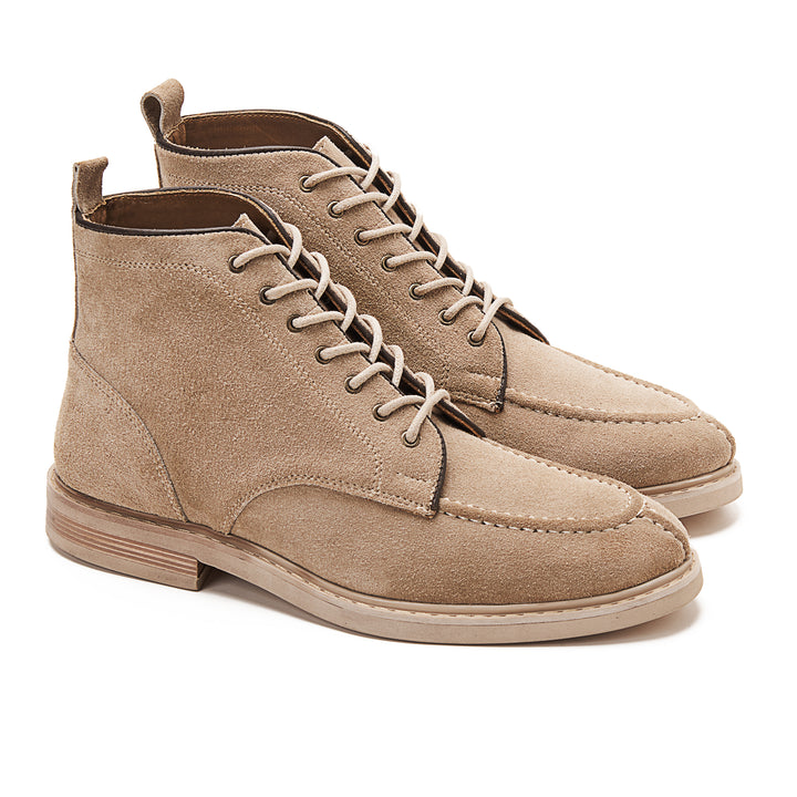 Moc Toe Suede Lace Up Genuine Leather Half Boots - Beige