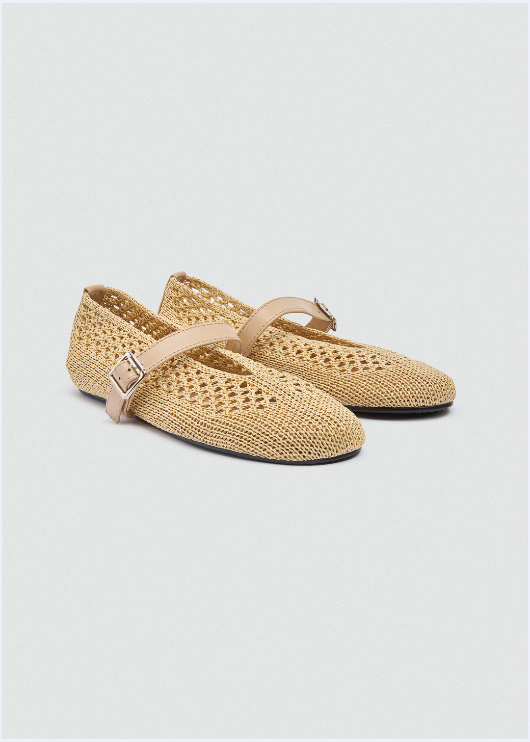 Woven Mesh Mary Jane Flats - Beige