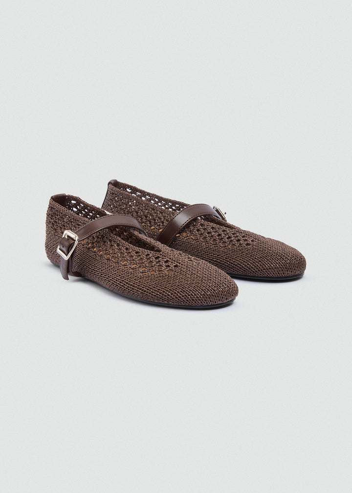 Woven Mesh Mary Jane Flats - Brown
