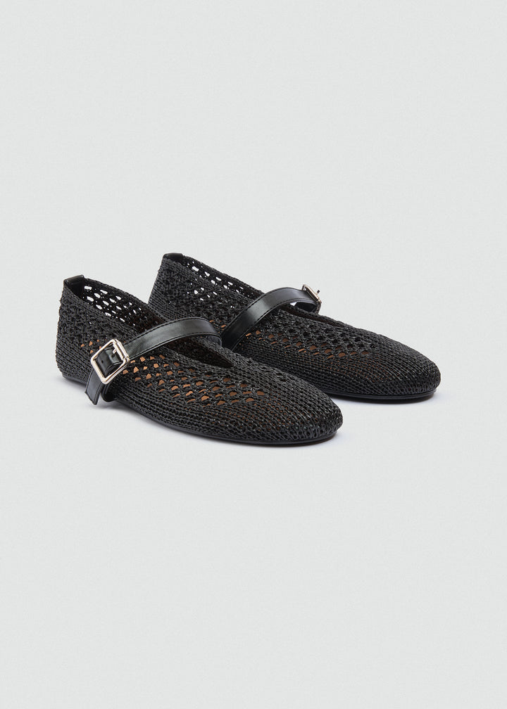 Woven Mesh Mary Jane Flats - Black