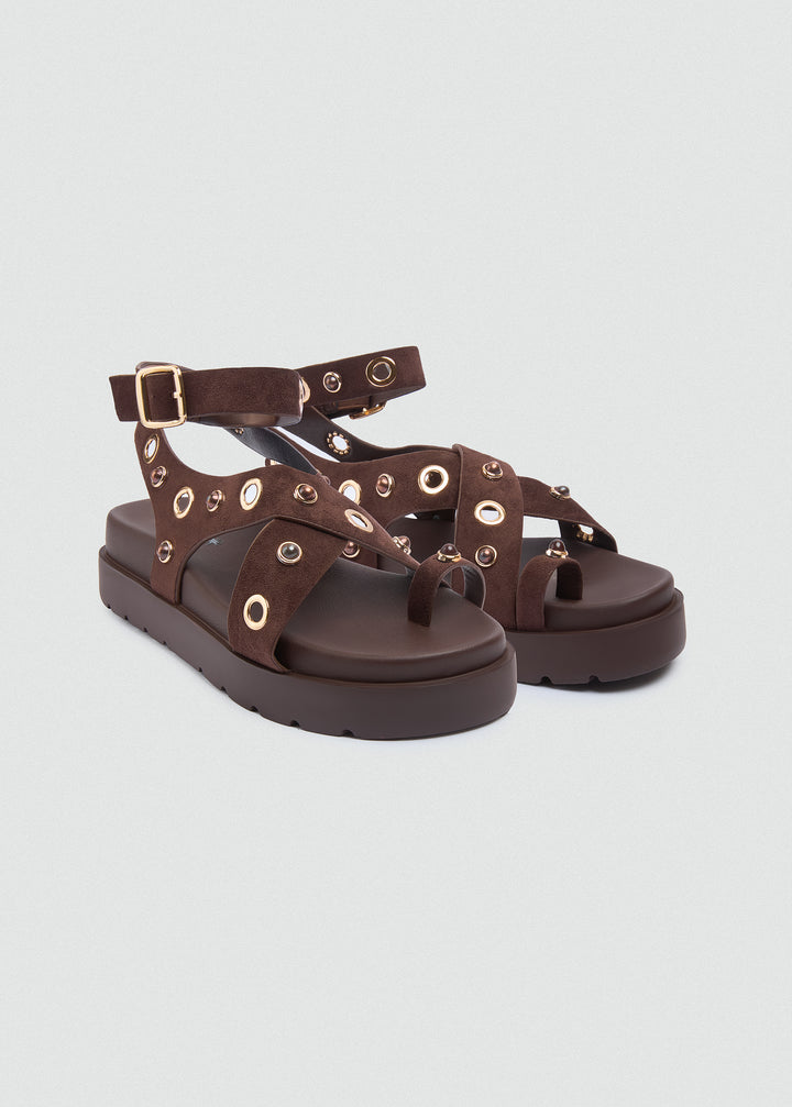 Chunky Suede Platform Crisscross Studded Sandals - Brown