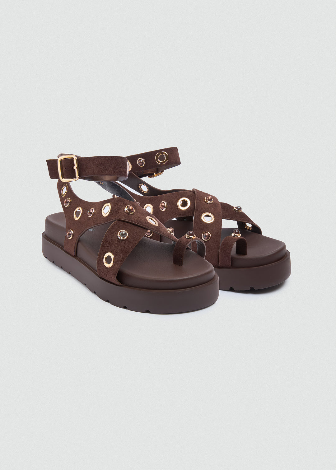 Chunky Suede Platform Crisscross Studded Sandals - Brown