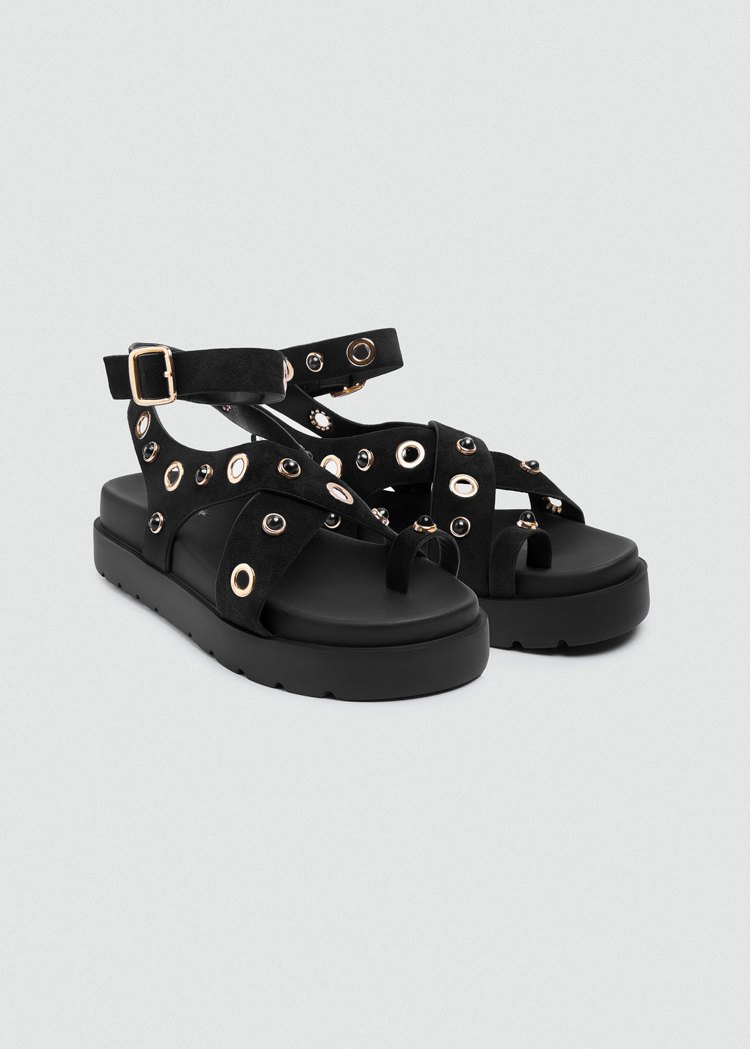 Chunky Suede Platform Crisscross Studded Sandals - Black
