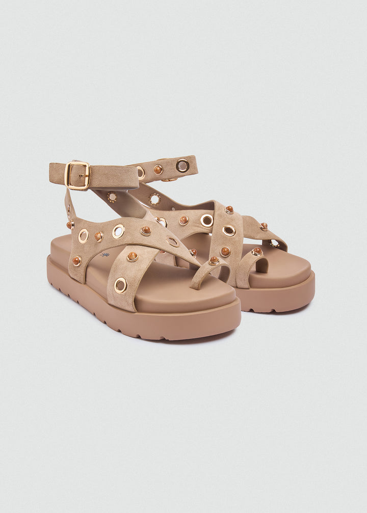 Chunky Suede Platform Crisscross Studded Sandals - Beige