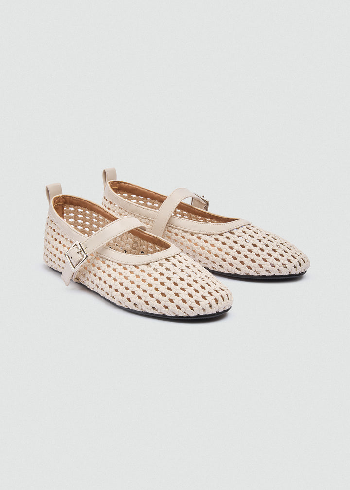 Woven Basket Mary Jane Flats - Beige
