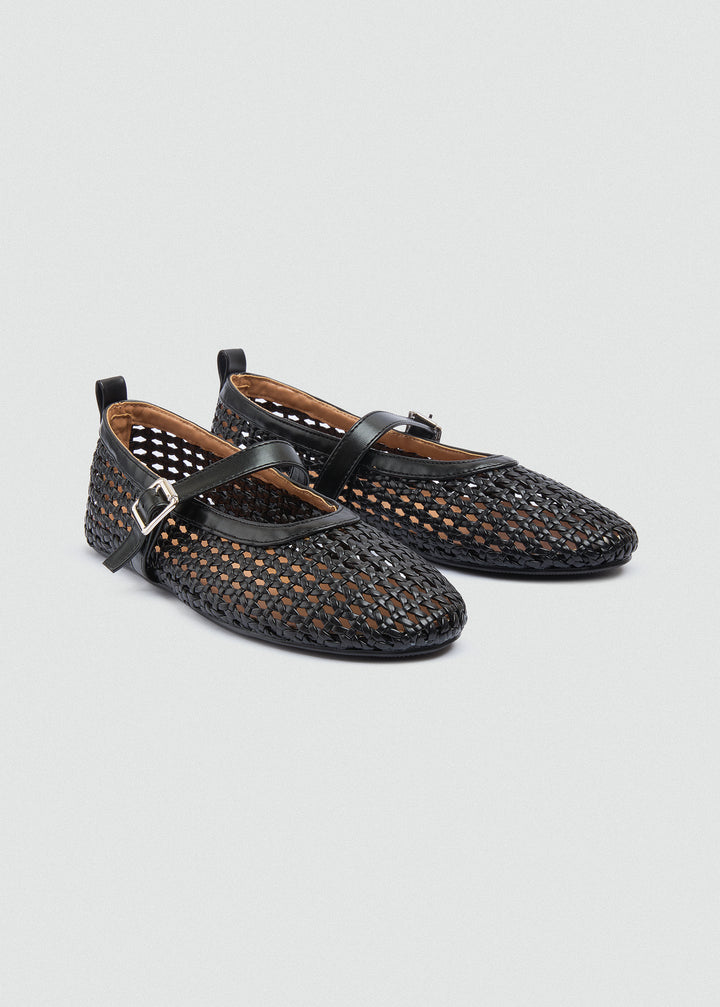 Woven Basket Mary Jane Flats - Black