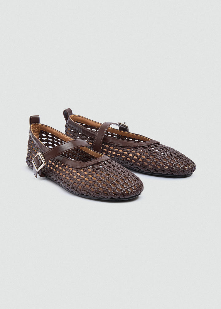 Woven Basket Mary Jane Flats - Brown