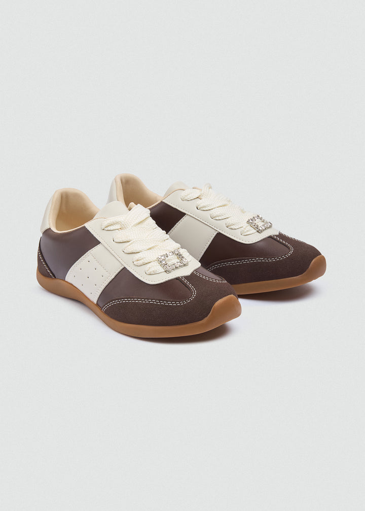 Rhinestone Buckle Retro Sneakers - Brown