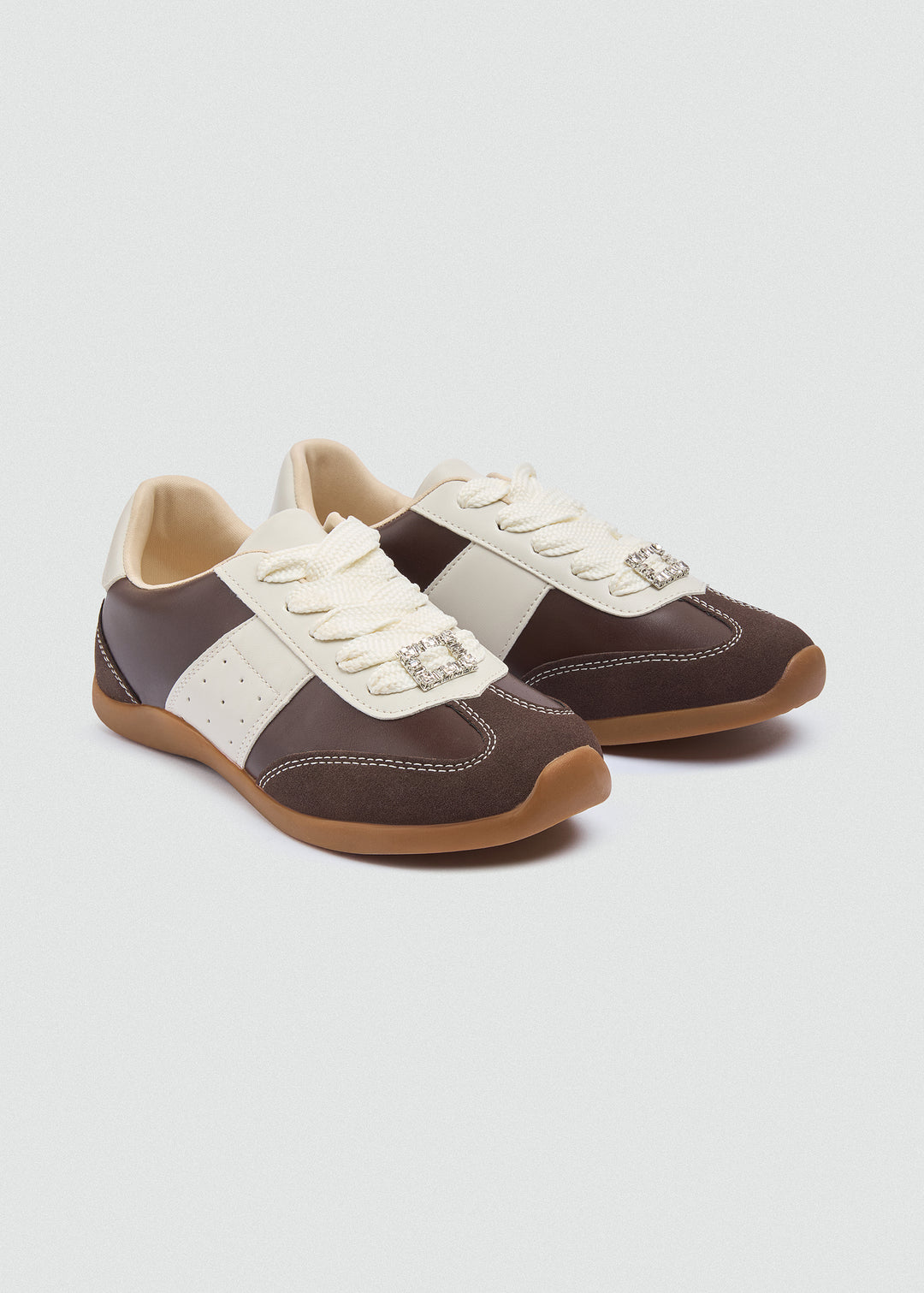 Rhinestone Buckle Retro Sneakers - Brown