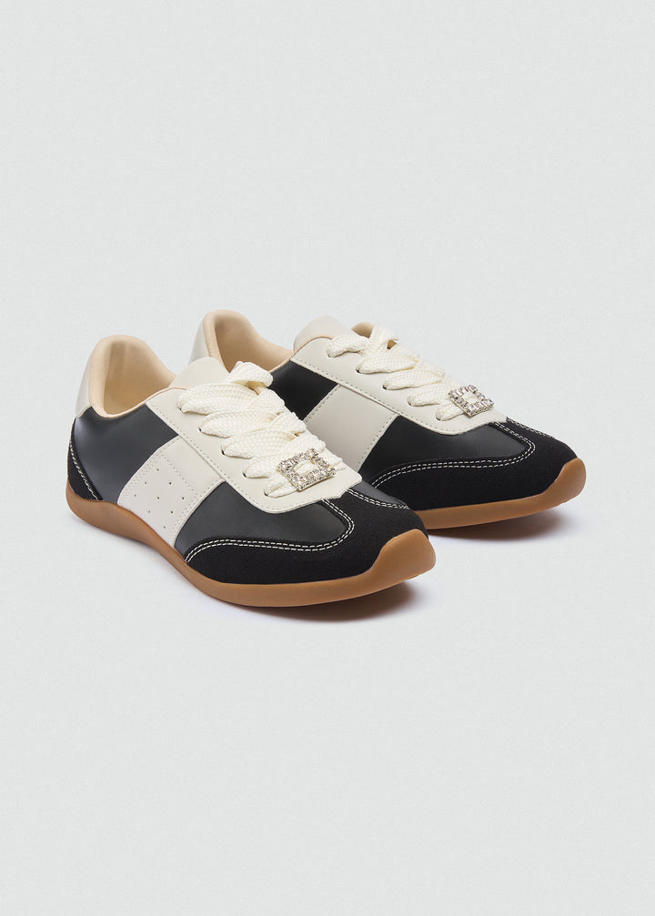 Rhinestone Buckle Retro Sneakers - Black