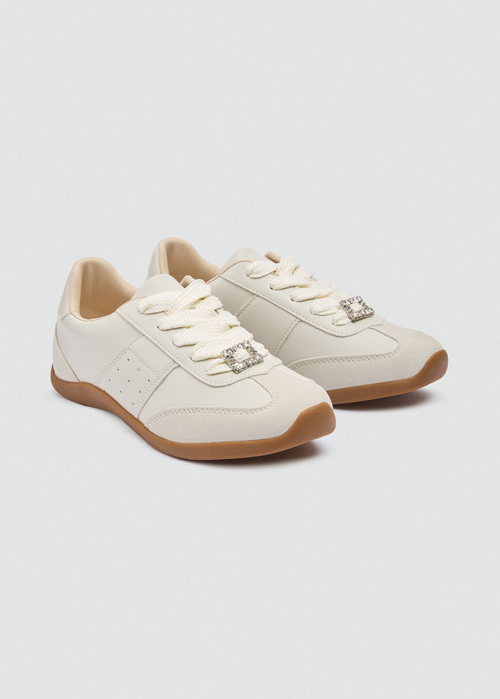 Rhinestone Buckle Retro Sneakers - Beige