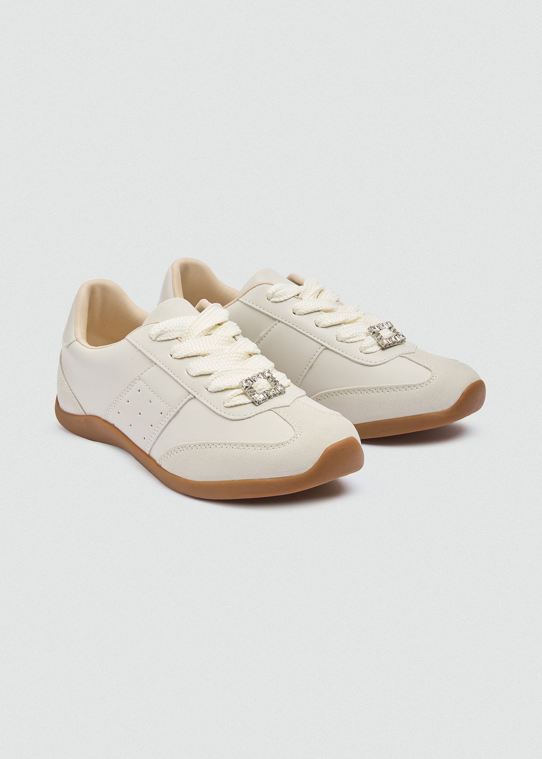 Rhinestone Buckle Retro Sneakers - Beige
