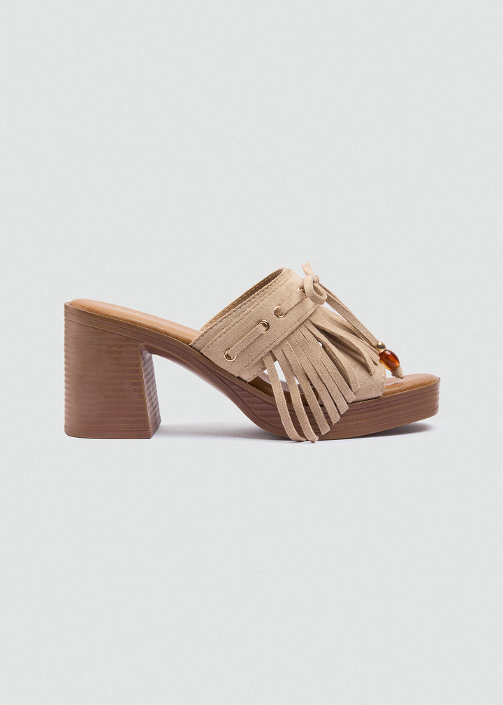Suede Fringe Platform Sandals - Beige