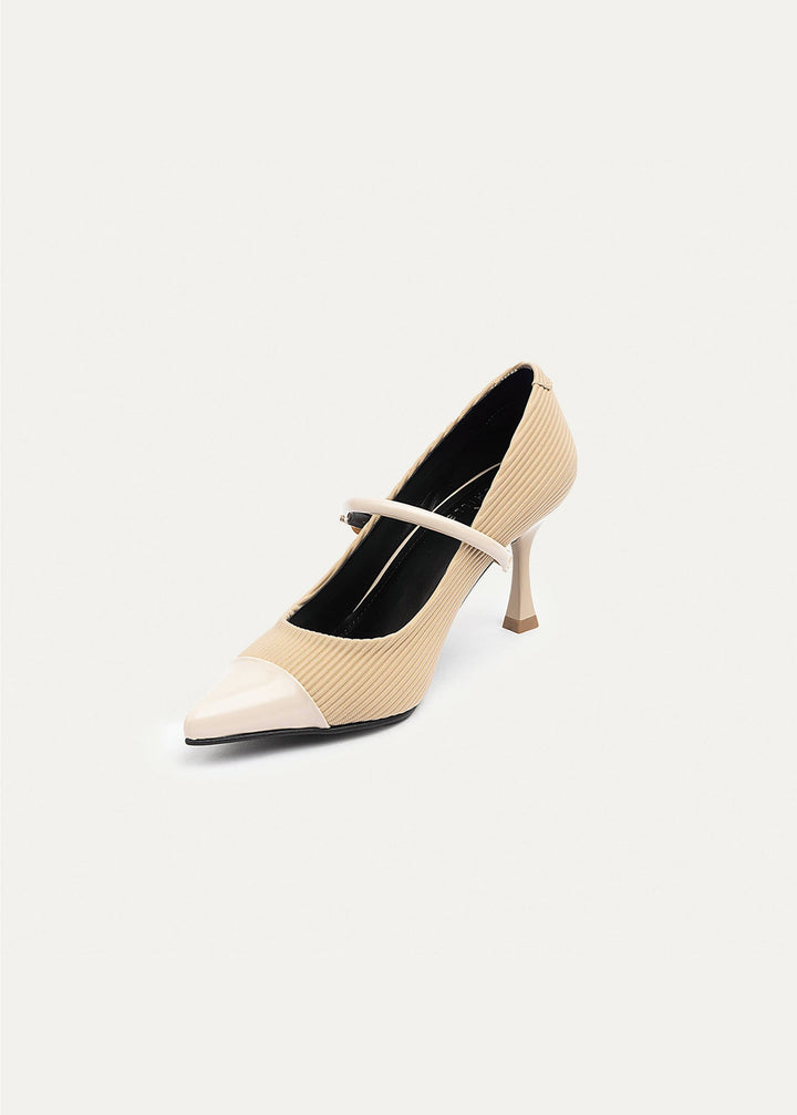 Ribbed Mary Jane Heels | Beige
