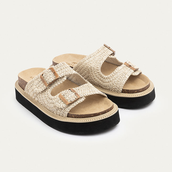 Boho Chic Woven Platform Slides | Beige