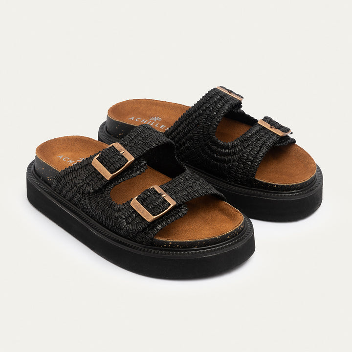 Achilles | Boho Chic Woven Platform Slides - Black