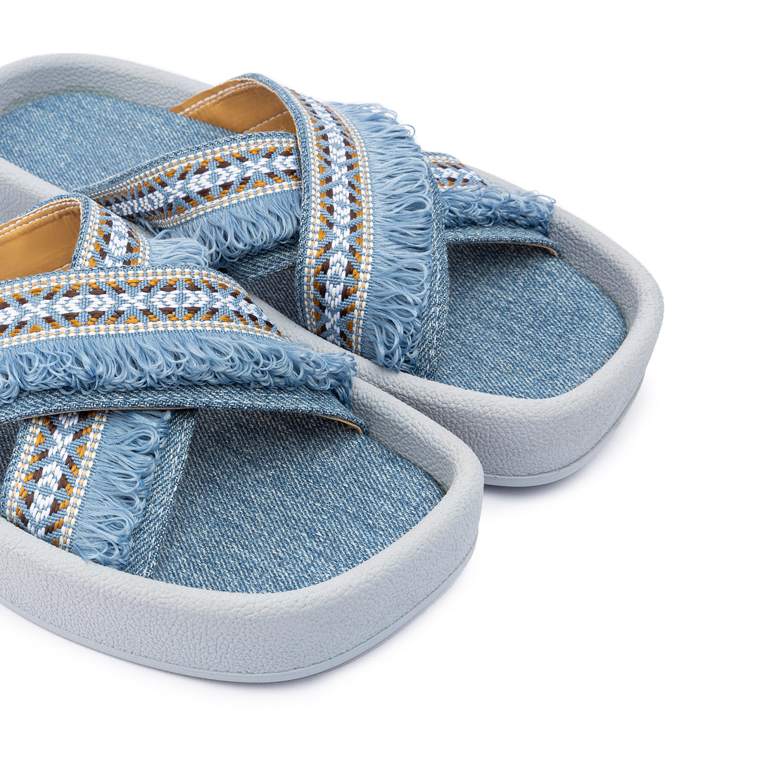 Denim Cross-Strap Slides - Blue