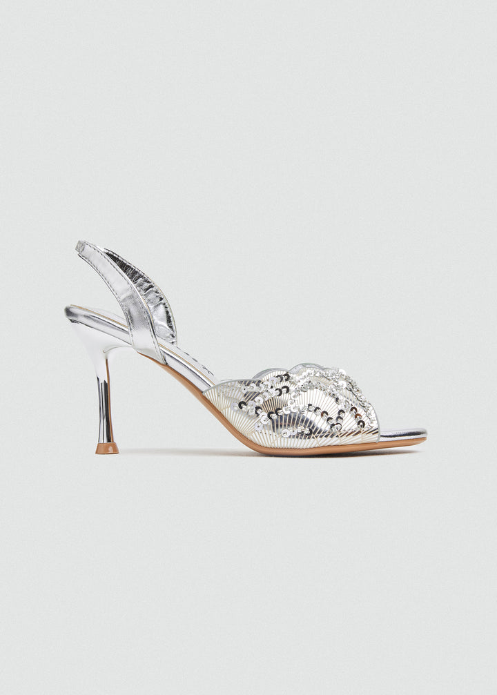 Beaded Lattice Slip-On Heeled Sandals - Silver