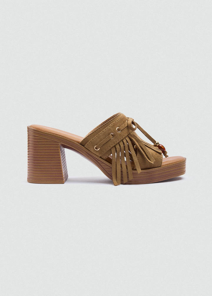 Suede Fringe Platform Sandals - Café