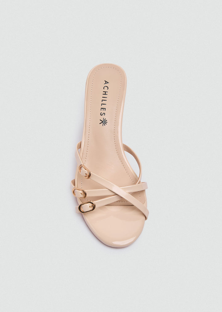 Strappy Mule Heels Gold Buckle - Beige