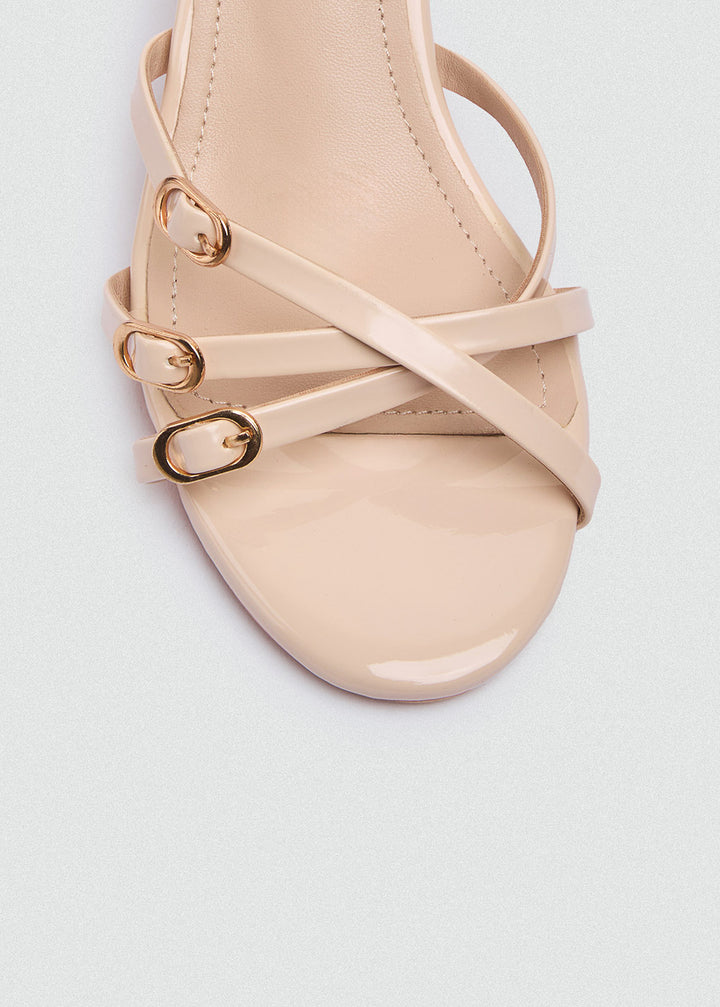 Strappy Mule Heels Gold Buckle - Beige