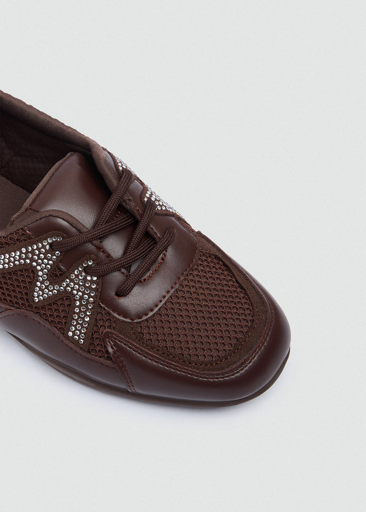 Mesh Rhinestone Sneakers - Brown
