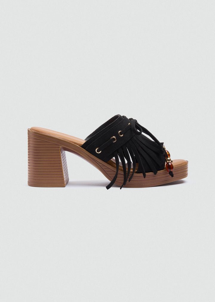Suede Fringe Platform Sandals - Black