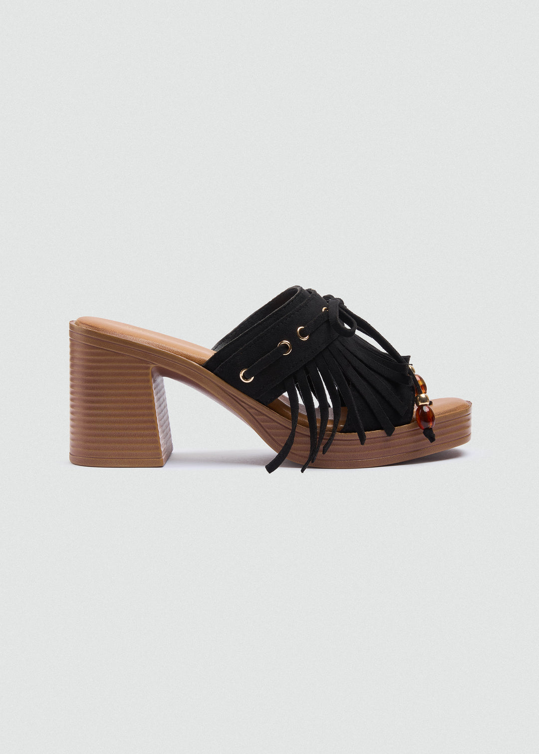 Suede Fringe Platform Sandals - Black