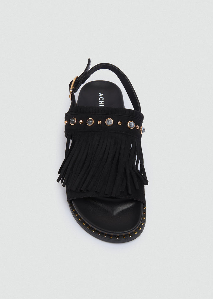 Suede Fringe Flat Sandals - Black