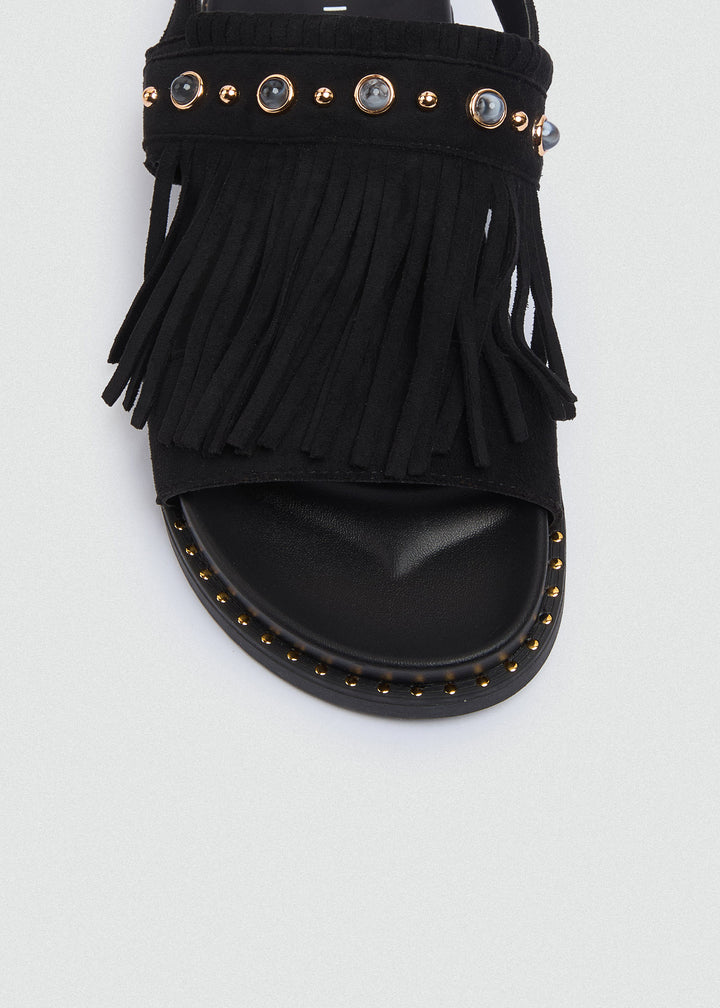 Suede Fringe Flat Sandals - Black