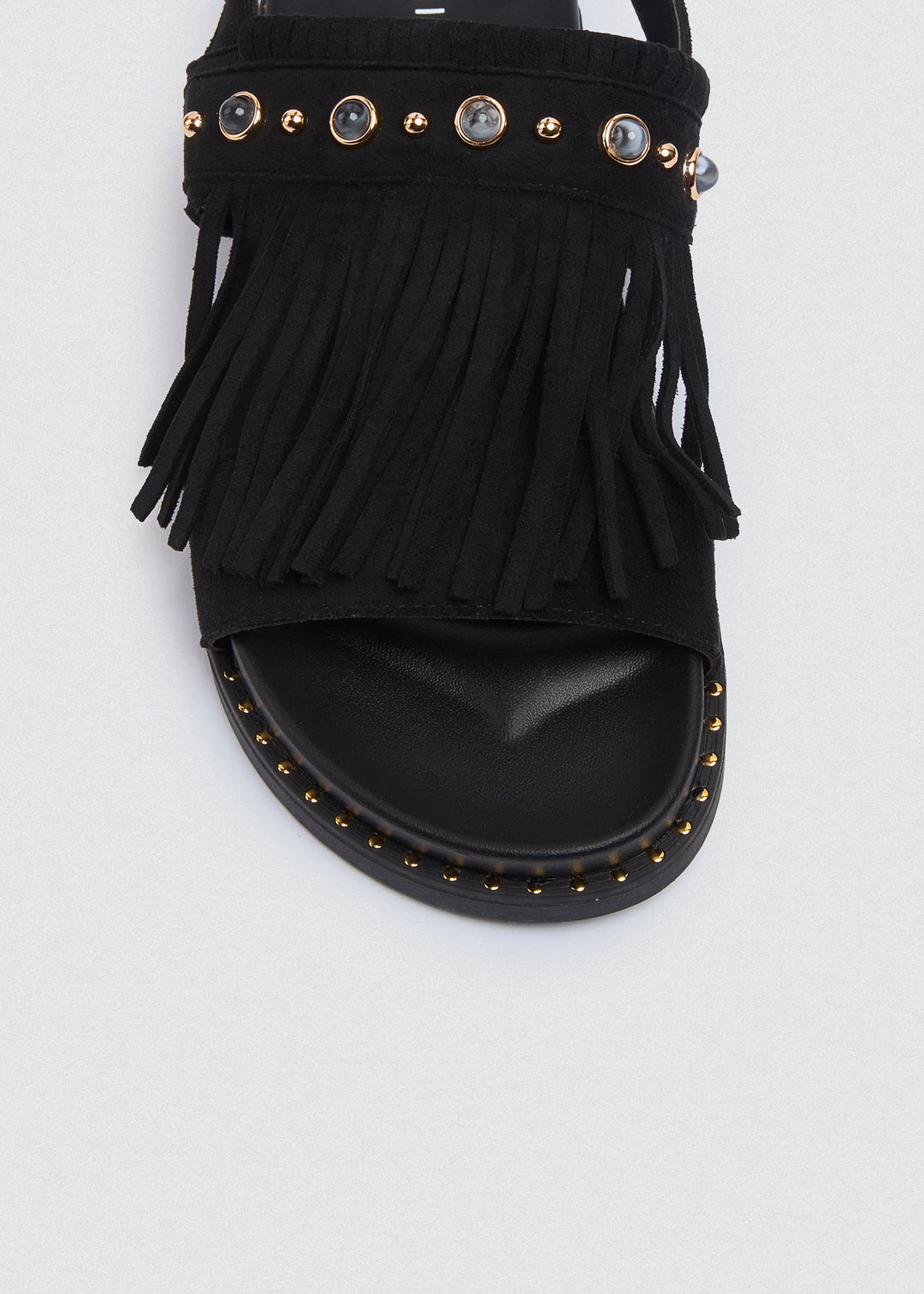 Suede Fringe Flat Sandals - Black