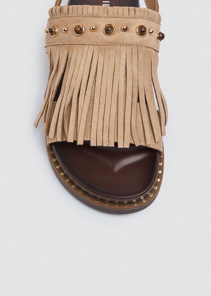 Suede Fringe Flat Sandals - Beige