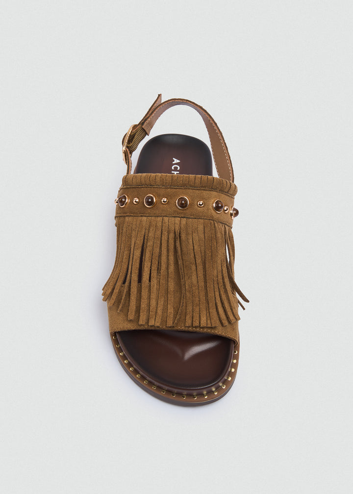 Suede Fringe Flat Sandals - Café