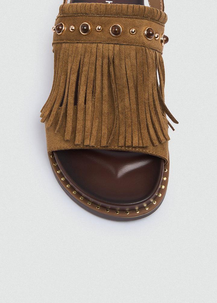 Suede Fringe Flat Sandals - Café