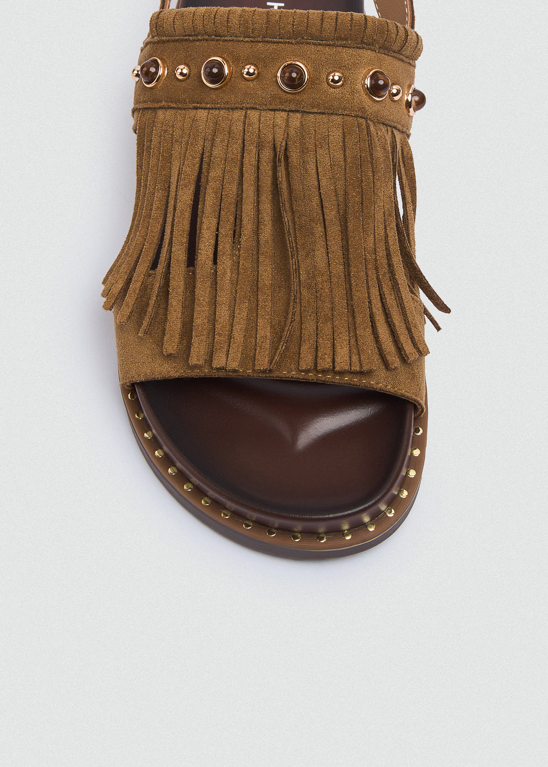 Suede Fringe Flat Sandals - Café