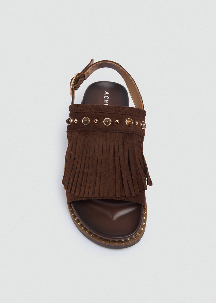 Suede Fringe Flat Sandals - Brown