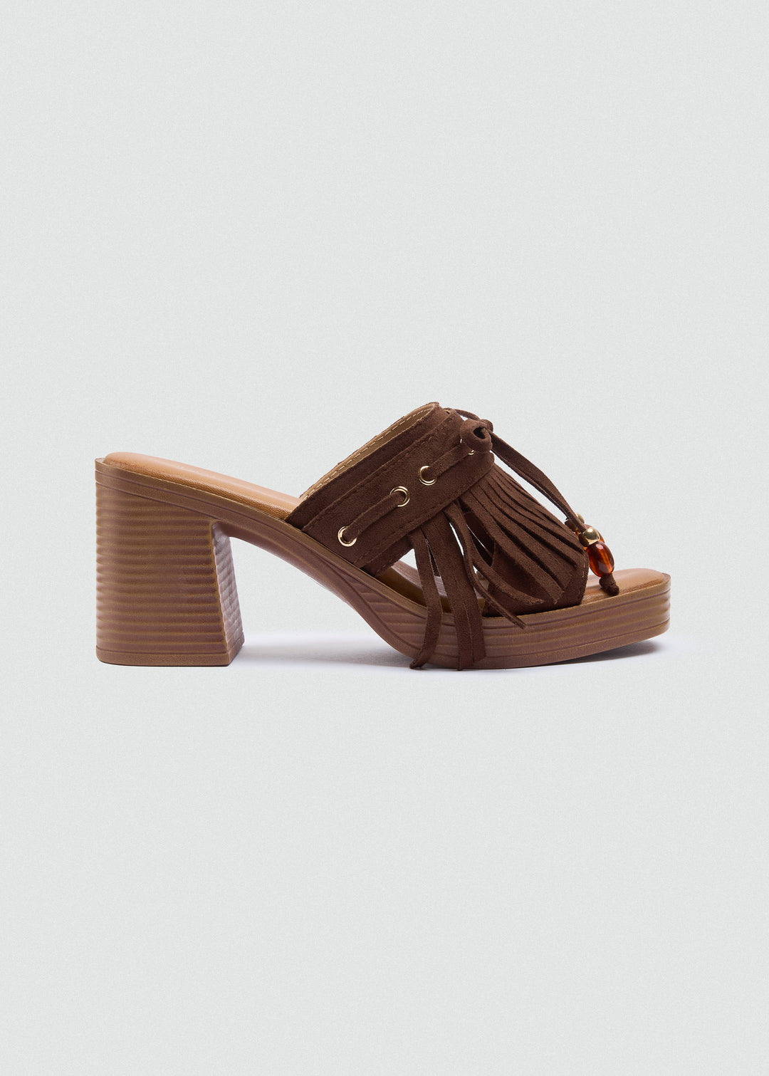 Suede Fringe Platform Sandals - Brown