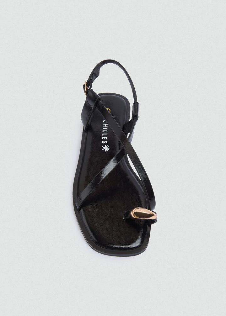 Thong Flat Sandals Gold Ring - Black
