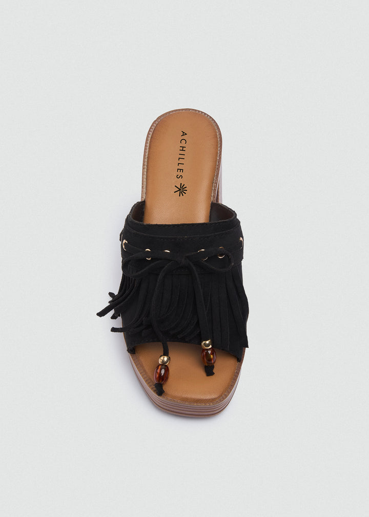 Suede Fringe Platform Sandals - Black