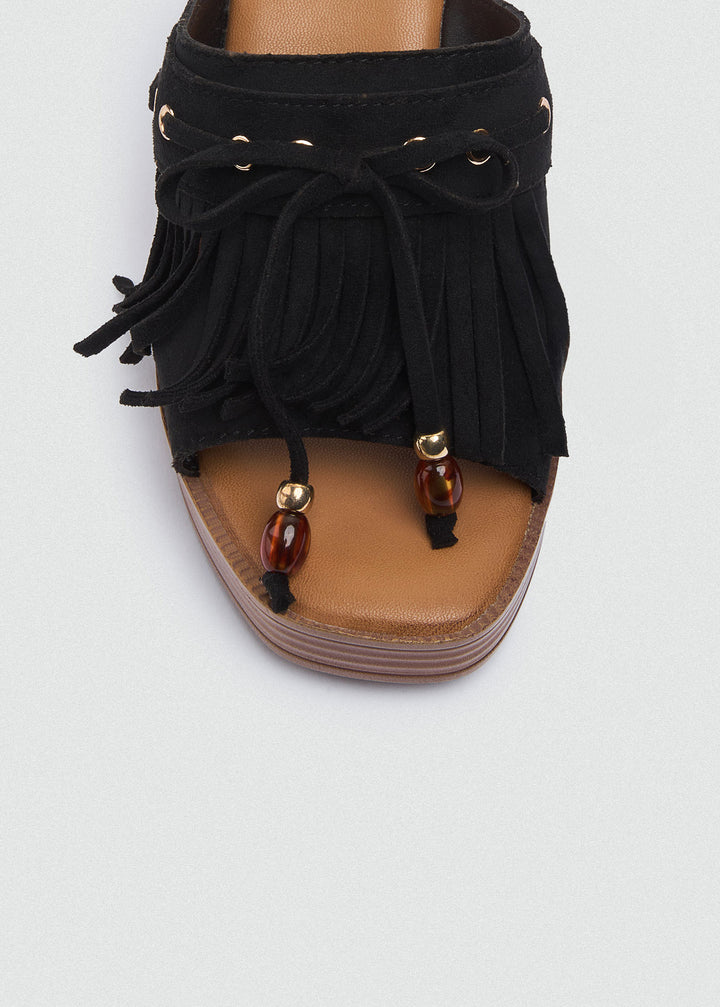 Suede Fringe Platform Sandals - Black