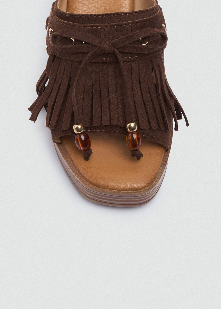 Suede Fringe Platform Sandals - Brown