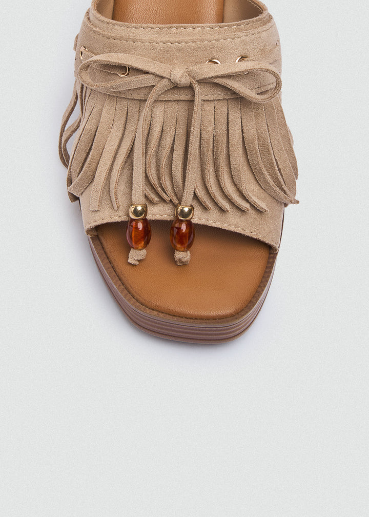 Suede Fringe Platform Sandals - Beige